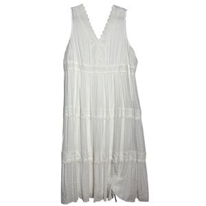 Boho White Lace Trim Tiered Sleeveless V-Neck Maxi Dress Bridal Cottage Romantic